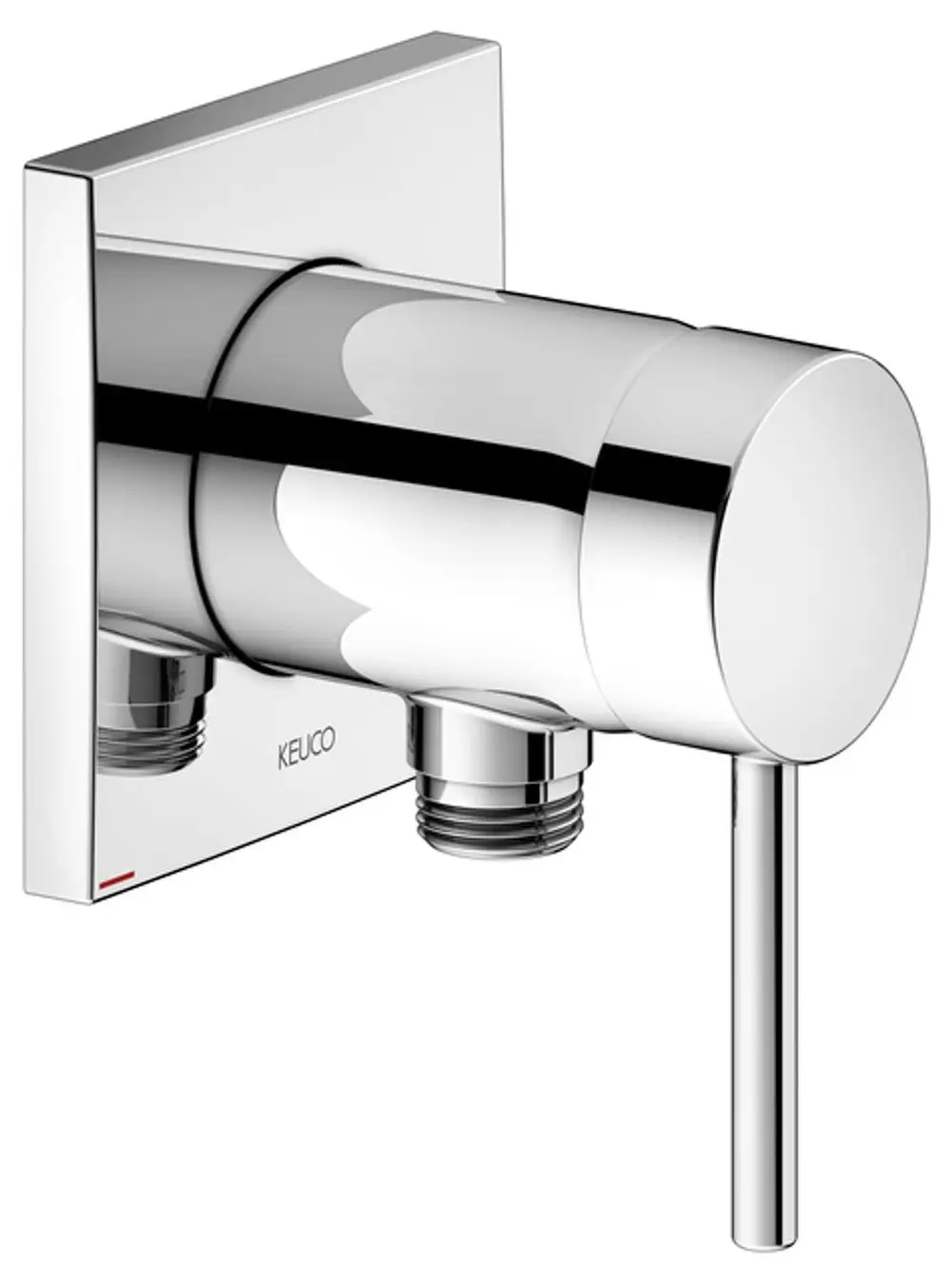 Wandmontierter Wasserhahn von Keuco mit runder Armaturenbedienung und zwei anschlussseitigen Auslässen. Glänzende Oberfläche in Chromoptik.